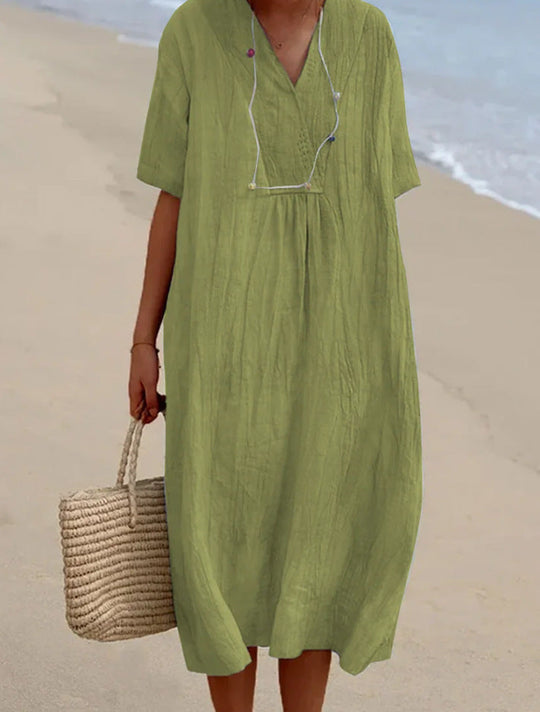 Variant image for Damen Strandkleid Blau Lässig V-Ausschnitt Atmungsaktiv Baumwolle-5