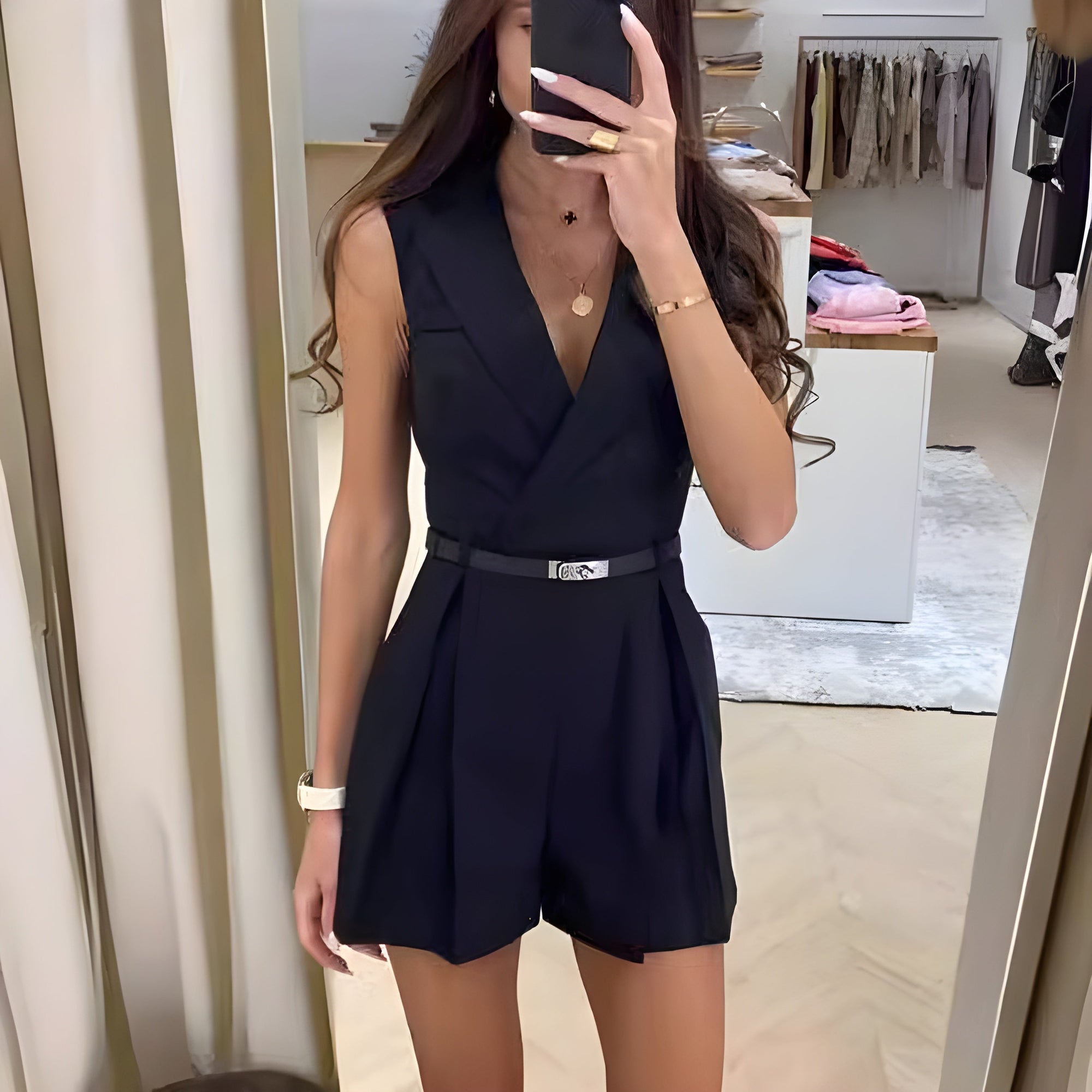 Damen Jumpsuit Ärmellos Elegant V-Ausschnitt Hochwertiger Stoff-3