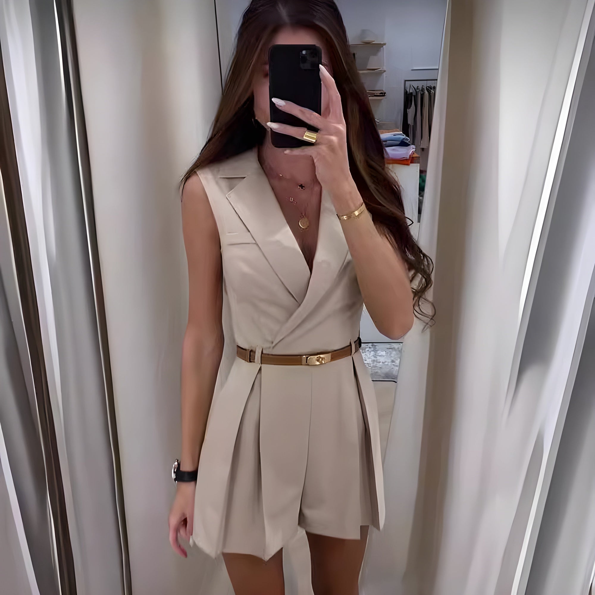 Damen Jumpsuit Ärmellos Elegant V-Ausschnitt Hochwertiger Stoff-4