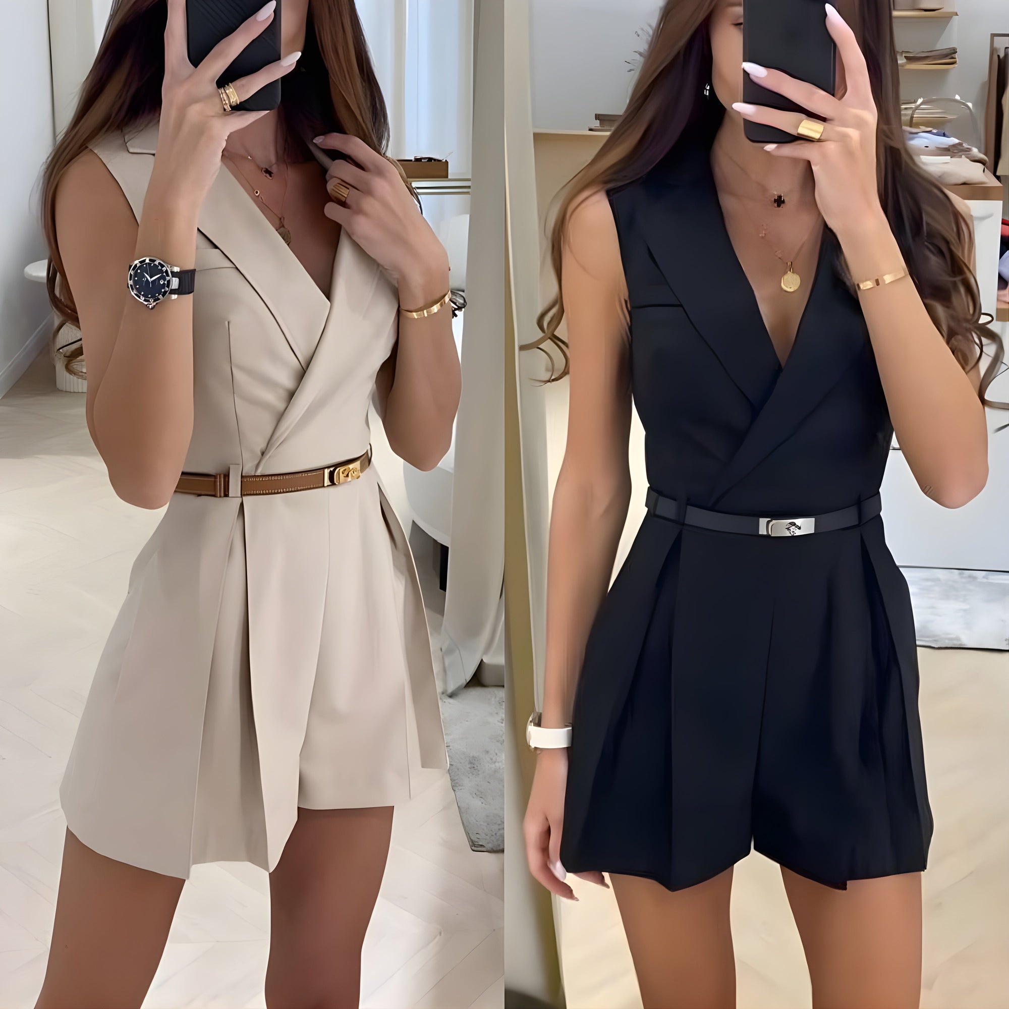 Damen Jumpsuit Ärmellos Elegant V-Ausschnitt Hochwertiger Stoff-2