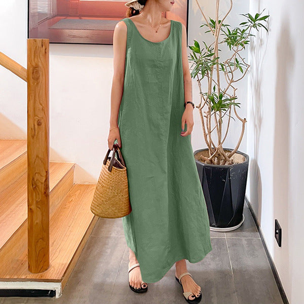 Damen Kleid Ärmellos Rundhals Lässig Baumwolle-Leinen-Mischung