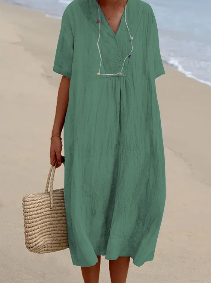 Variant image for Damen Strandkleid Blau Lässig V-Ausschnitt Atmungsaktiv Baumwolle-9