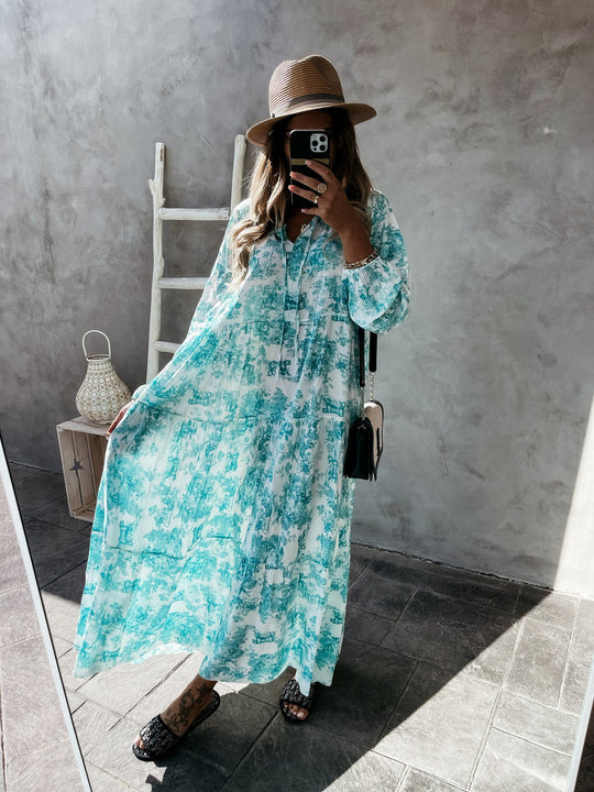 Damen Maxi Kleid Langarm V-Ausschnitt Rüschendetails Baumwollmischung