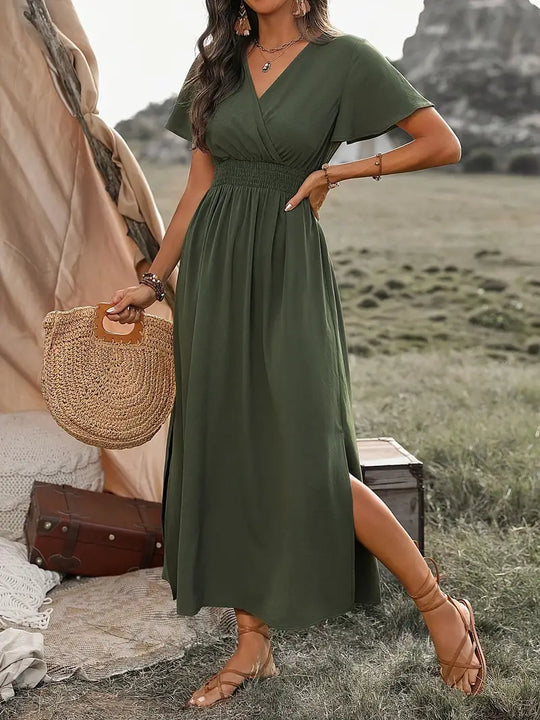 Damen Maxikleid Sommer Elegant V-Ausschnitt Leichtes Material-3