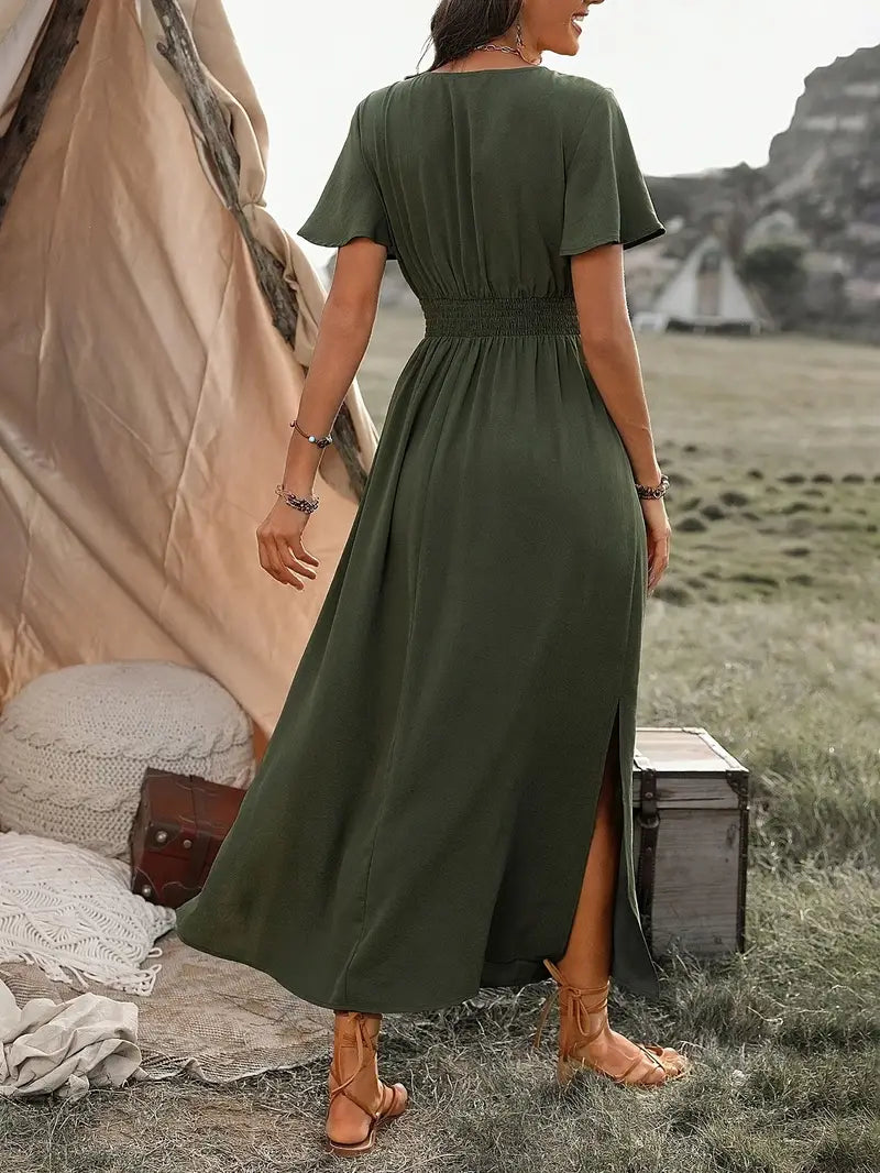 Damen Maxikleid Sommer Elegant V-Ausschnitt Leichtes Material-4