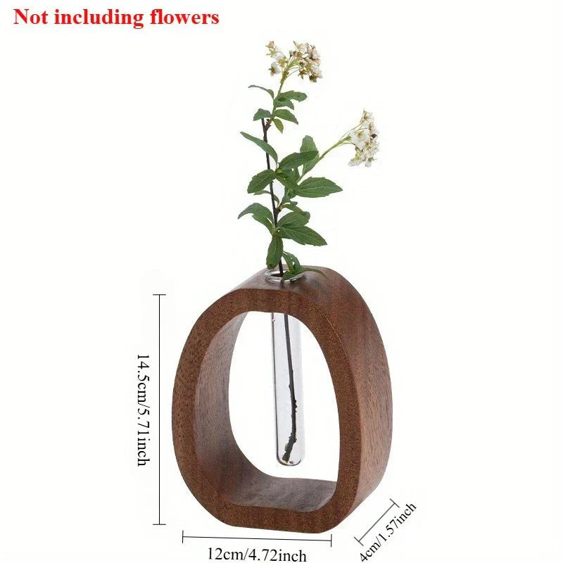 Ovale Glasvase im Holzrahmen für Einzelstiele und kleine Blumenarrangements 0
