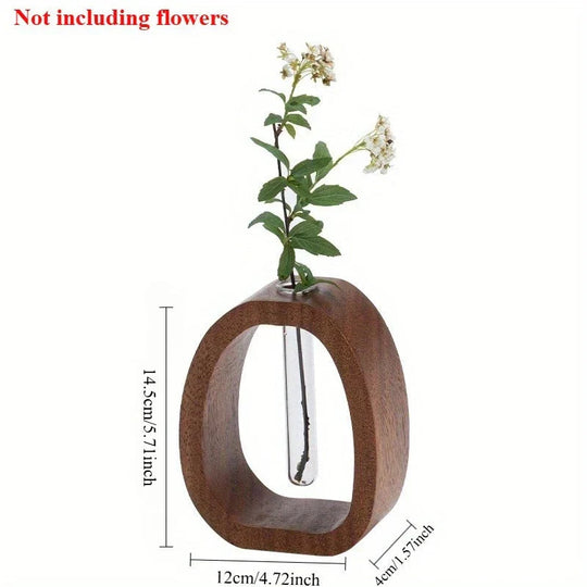 Ovale Glasvase im Holzrahmen für Einzelstiele und kleine Blumenarrangements 0