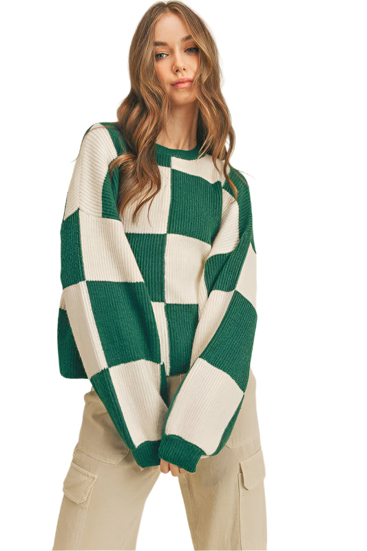 Oversized Pullover Karomuster für Damen in Grün 0