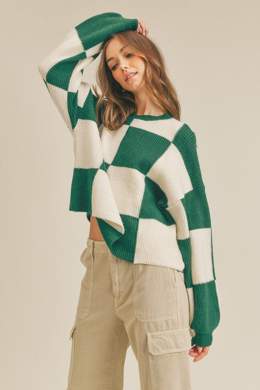 Oversized Pullover Karomuster für Damen in Grün 2