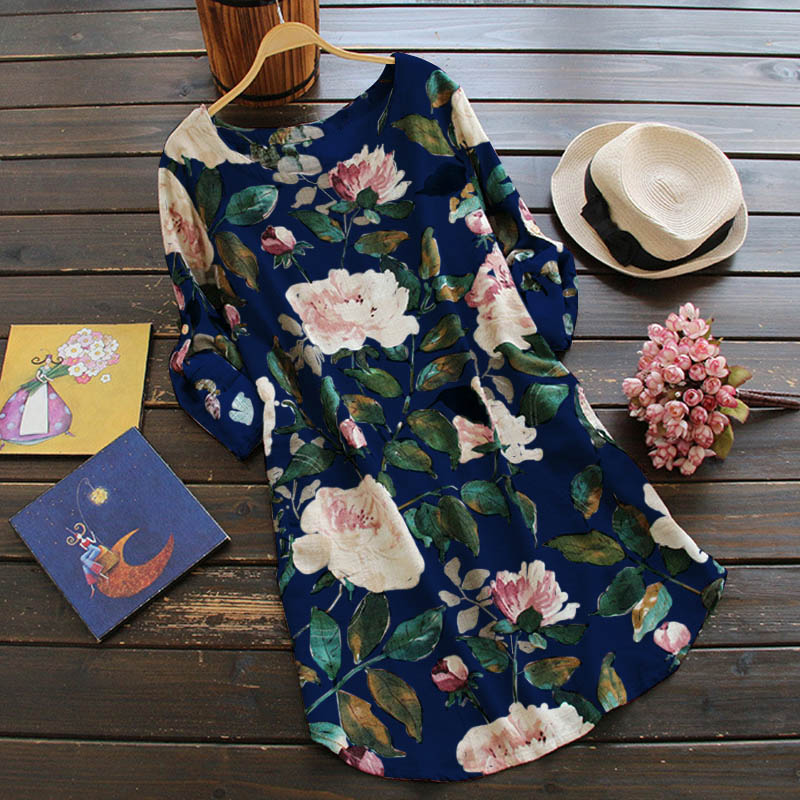 Retro Floral Langärmeliges Kleid