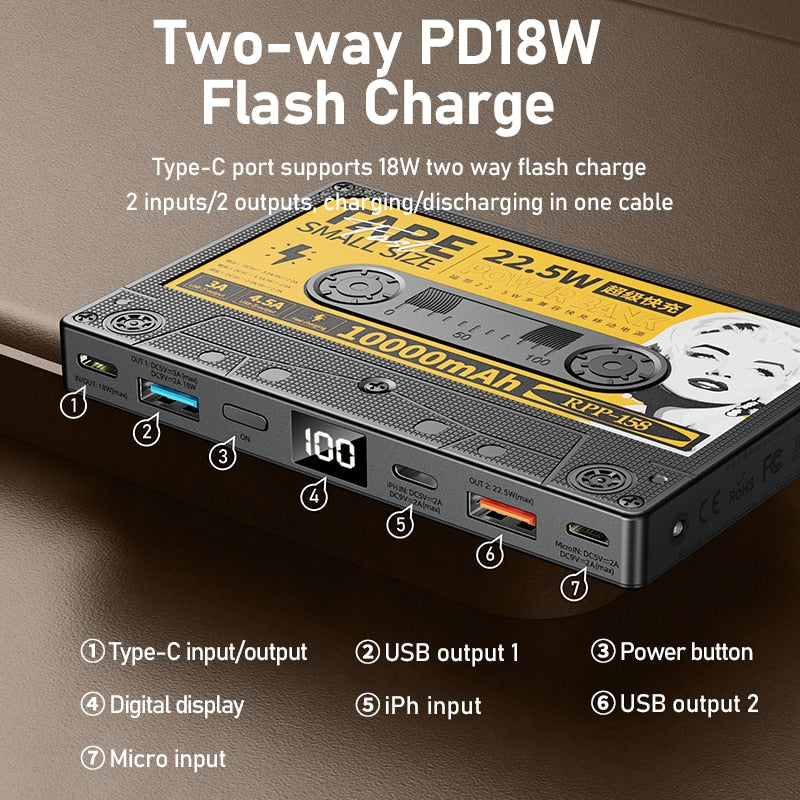 Retro Powerbank im Kassetten-Design 10000 mAh Tragbar USB Typ-C 3