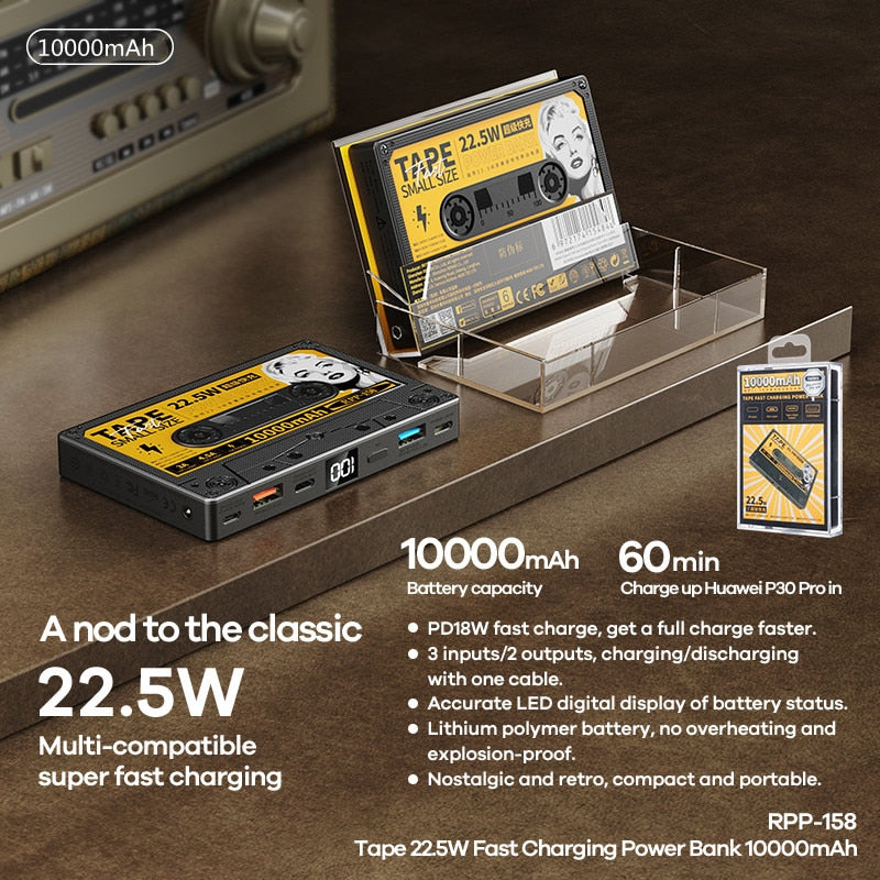 Retro Powerbank im Kassetten-Design 10000 mAh Tragbar USB Typ-C 5