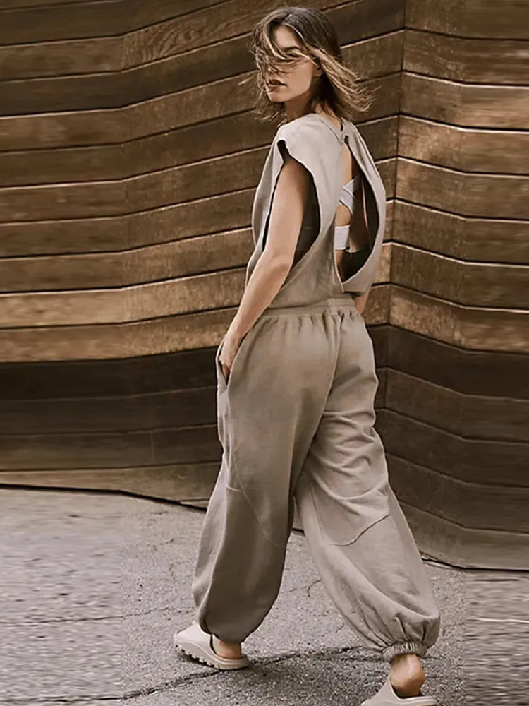Damen Jumpsuit Lässig mit Kordelzug und Offenem Rücken aus Polyester-5