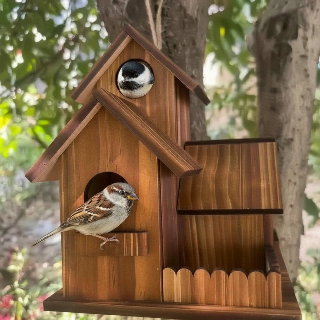 Rustikales Vogelhaus für Garten mit mehreren Nistkammern 1