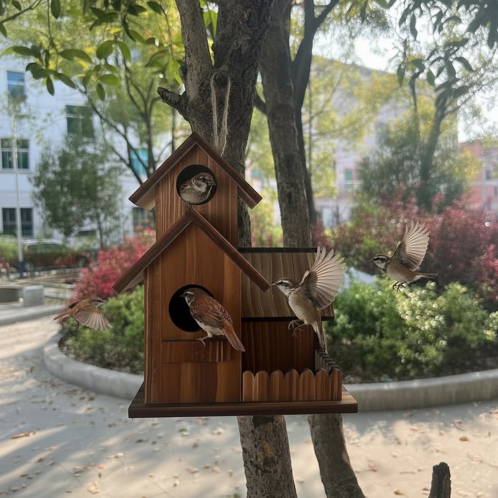 Rustikales Vogelhaus für Garten mit mehreren Nistkammern 5