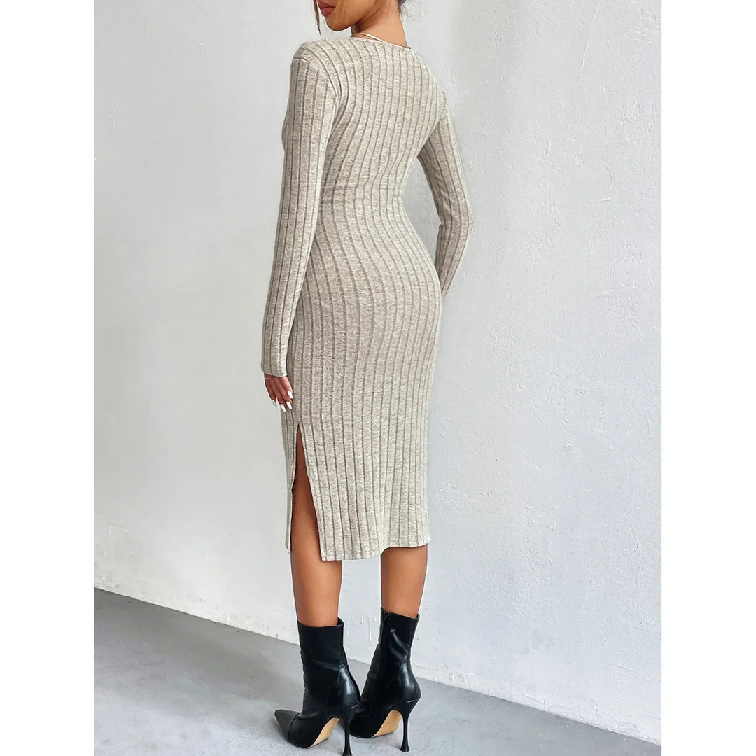 Damen Midi Kleid Gerippt Elegante Passform Baumwollmix mit Seitenschlitz 3