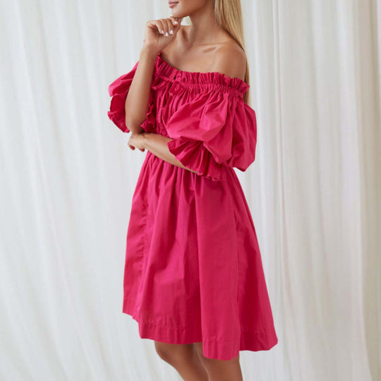Damen Mini Kleid Off-Shoulder Baumwolle mit Puffärmeln für Sommerkleider-2