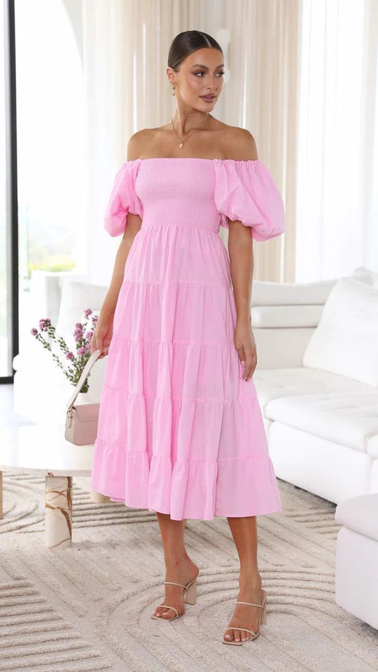 Damen Midi Kleid Off-Shoulder Elegantes Sommerkleid Aus Atmungsaktivem Stoff-2