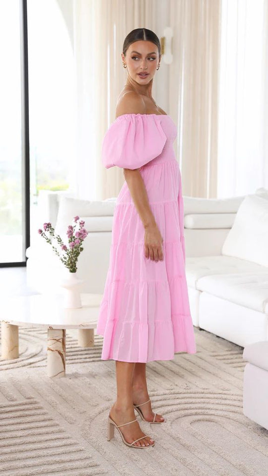 Damen Midi Kleid Off-Shoulder Elegantes Sommerkleid Aus Atmungsaktivem Stoff-3