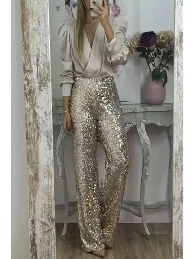Damen Hosen mit Pailletten Elegante Partyhosen aus Polyester für besondere Anlässe 2