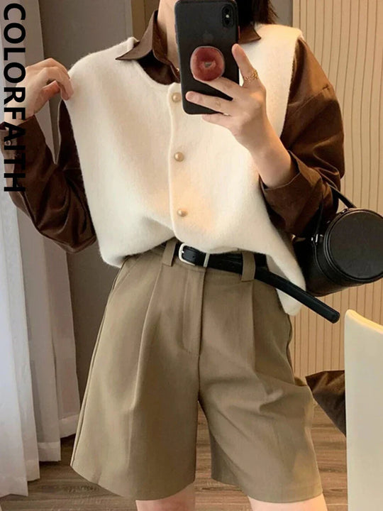 Damen Weste Lang Eleganter Stil Baumwollmischung mit Knöpfen 6