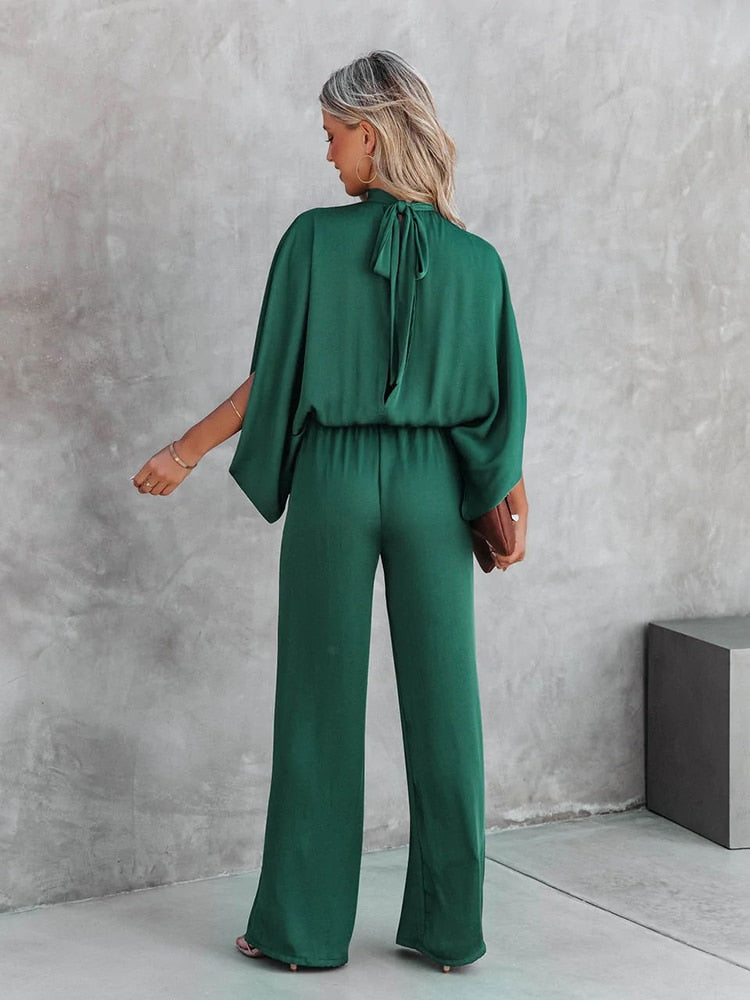 Damen Jumpsuit Festlich Eleganter Polyester Overall mit Weitem Bein und Langen Ärmeln-4