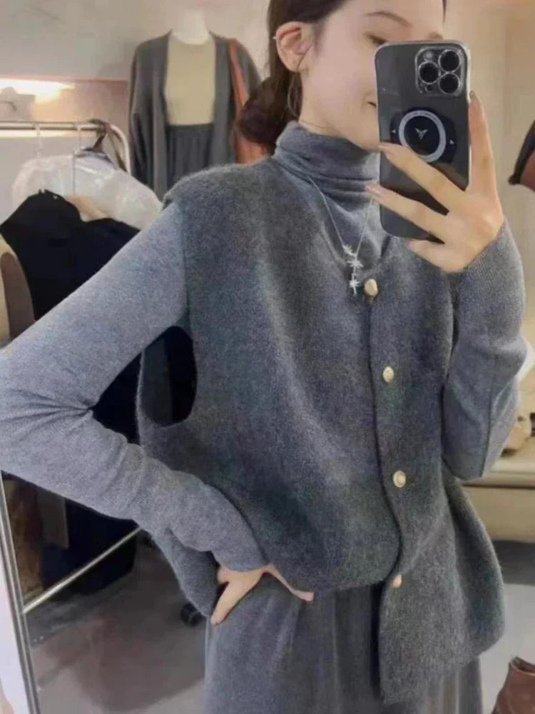 Damen Weste Lang Eleganter Stil Baumwollmischung mit Knöpfen 5