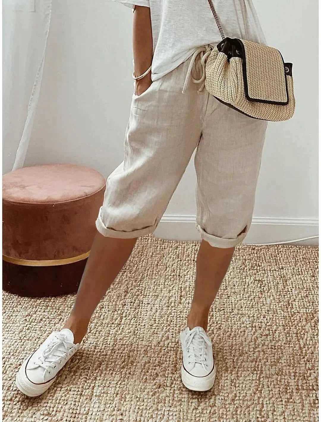 Variant image for Damen Weiße Leinenhose Atmungsaktiv Stilvoll für Sommer-2
