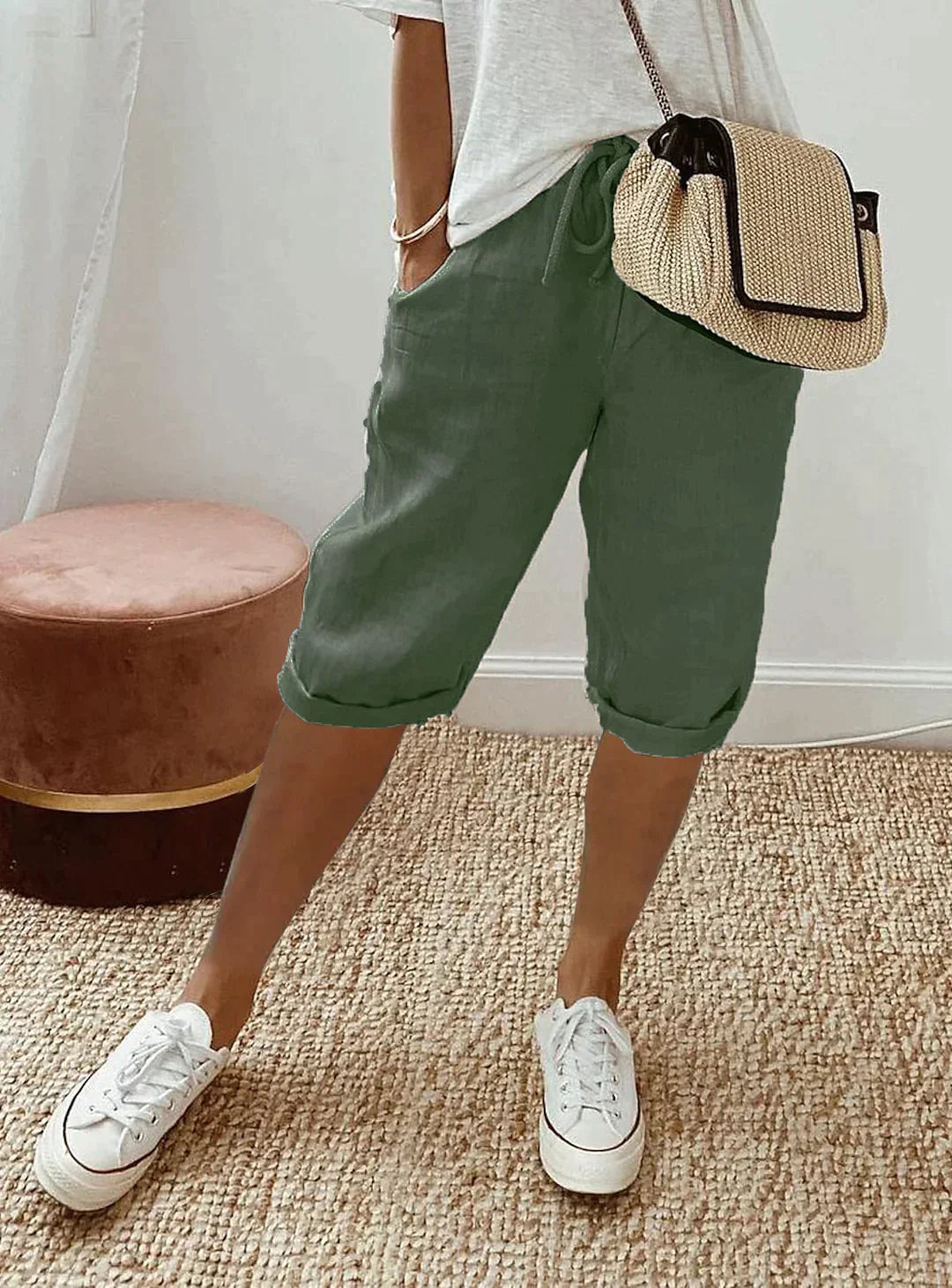 Damen Weiße Leinenhose Atmungsaktiv Stilvoll für Sommer-1