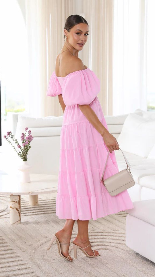 Damen Midi Kleid Off-Shoulder Elegantes Sommerkleid Aus Atmungsaktivem Stoff-5