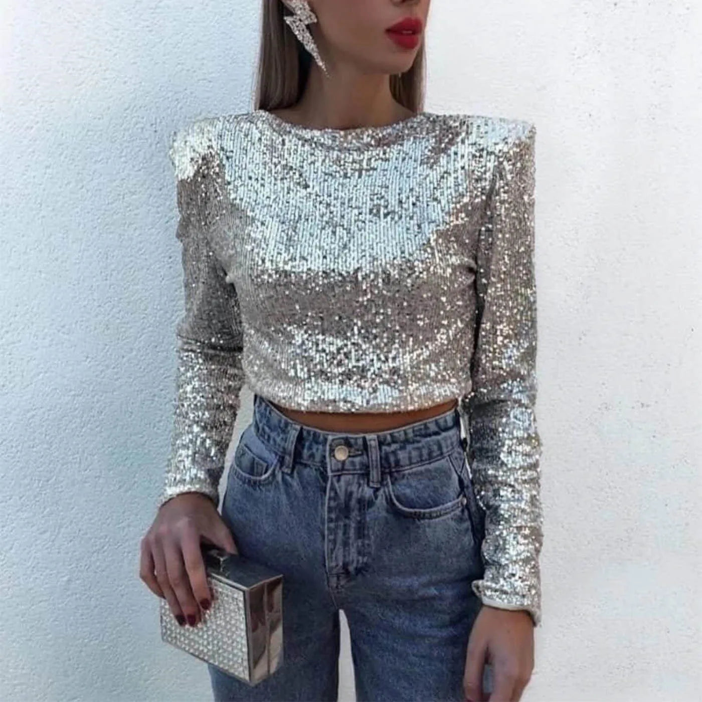 Damen Top Pailletten Festliche Oberteile Atmungsaktives Material 2