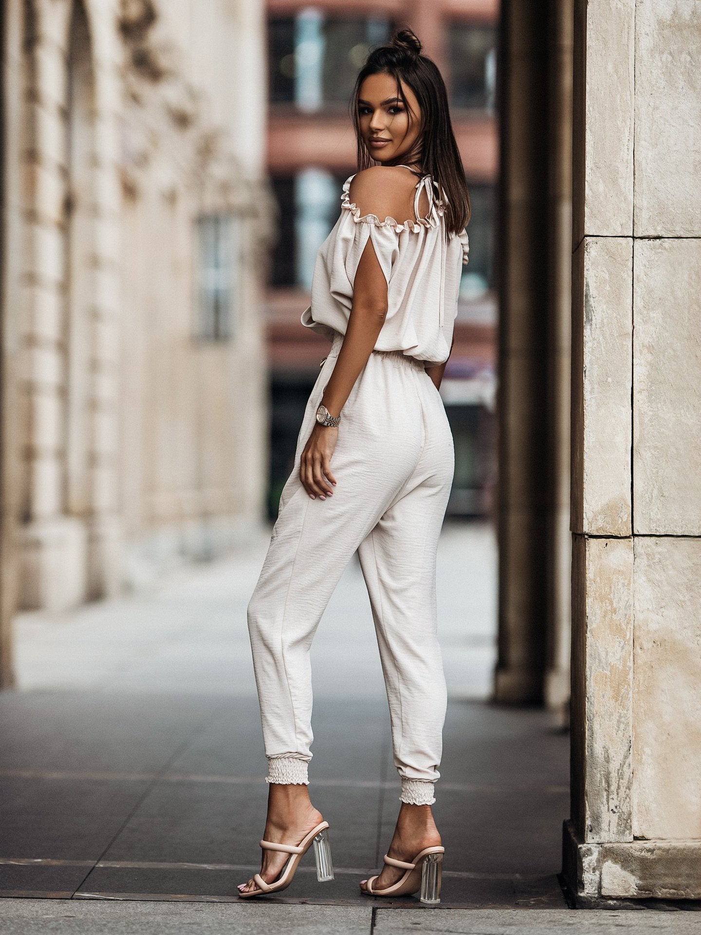Damen Jumpsuit Festlich Offene Schultern V-Ausschnitt Polyester-3