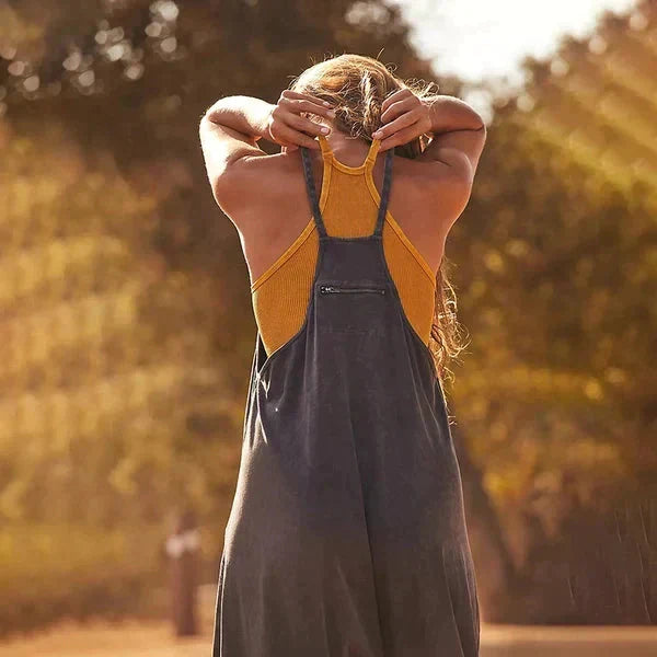 Damen Jumpsuit Schwarz Lässig Baumwolle Ärmellos-2