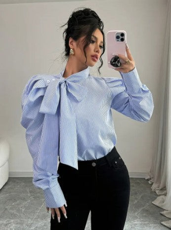 Damen Oversized Bluse mit Schleife Baumwolle-4
