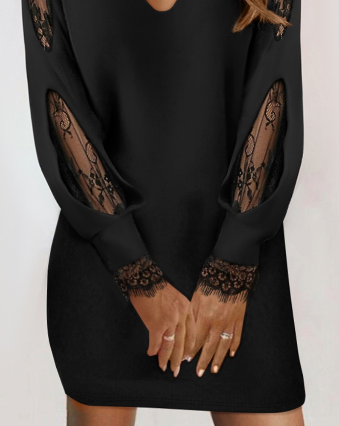 Damen Kleid Kurz Lässig Baumwolle mit Spitzenbesatz-3