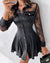 Damen Hemdblusenkleid mit Kontrastspitze Langarm für Festliche Anlässe-6