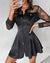 Damen Hemdblusenkleid mit Kontrastspitze Langarm für Festliche Anlässe-5