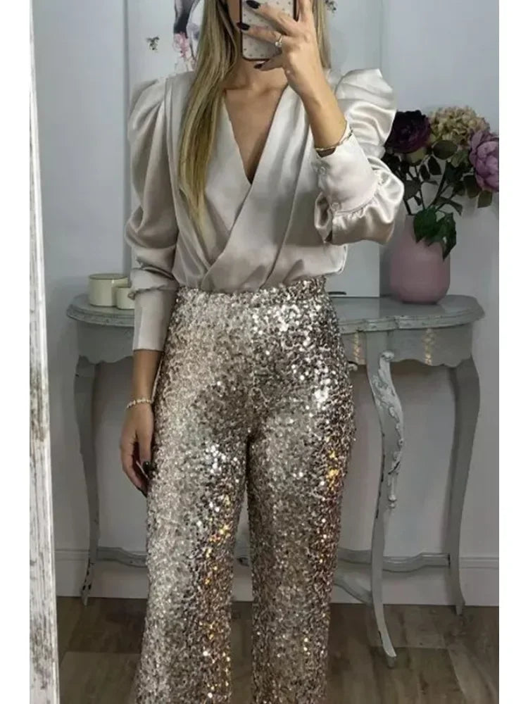 Damen Hosen mit Pailletten Elegante Partyhosen aus Polyester für besondere Anlässe 3