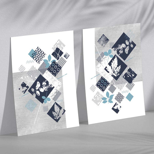 Set mit 2 Kunstdrucken Blumen in Blau und Grau 0