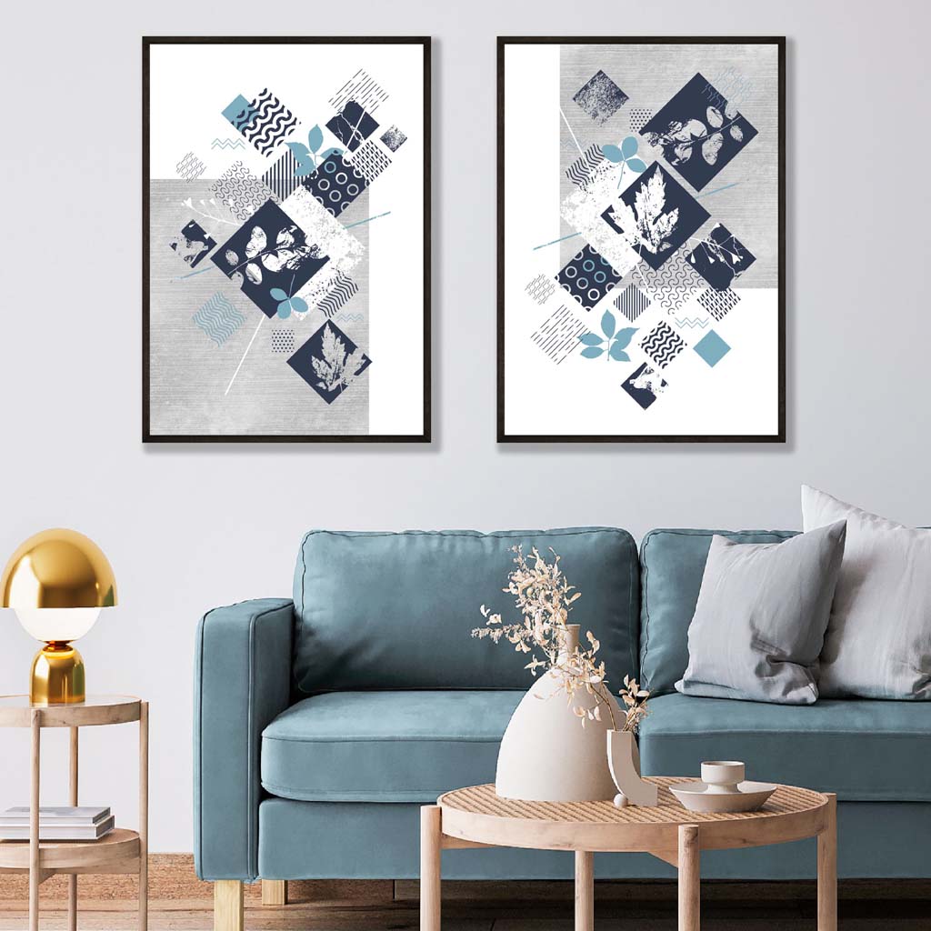 Set mit 2 Kunstdrucken Blumen in Blau und Grau 1