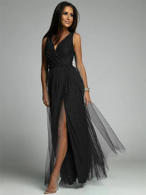 Damen Abendkleid Ärmellos V-Ausschnitt Polyester Mix 1