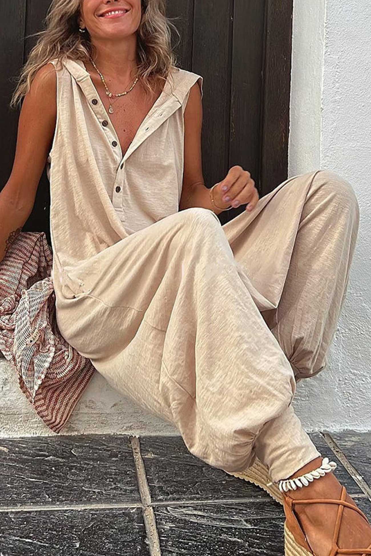 Damen Jumpsuit Lässig mit Kapuze aus Baumwolle für den Sommer-2