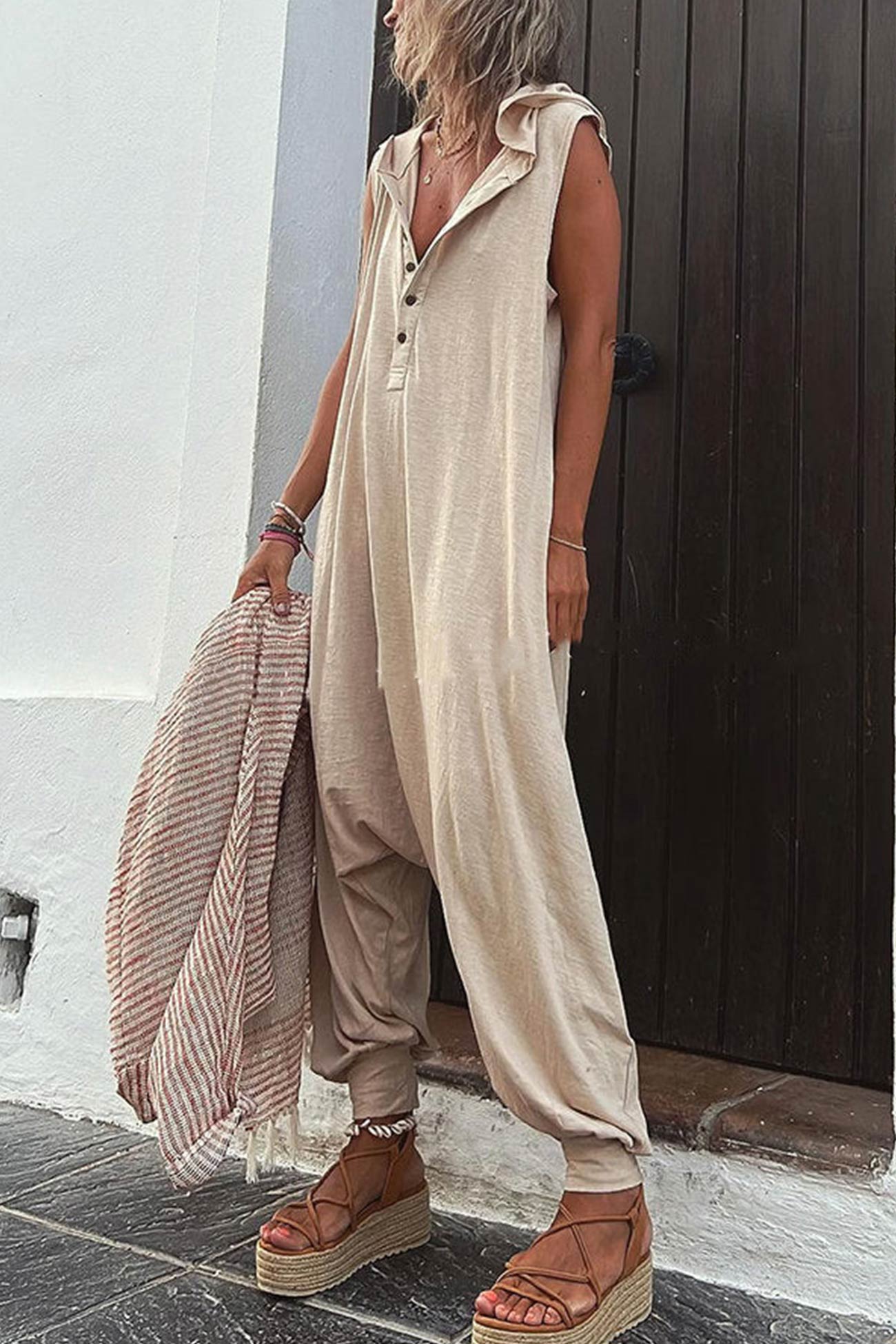 Damen Jumpsuit Lässig mit Kapuze aus Baumwolle für den Sommer-1