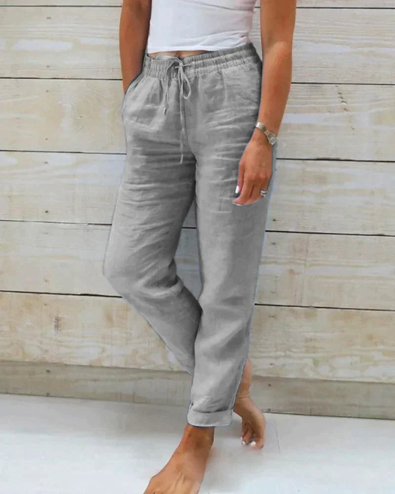 Damen Weiße Leinenhose Lockerer Schnitt Atmungsaktives Material-5