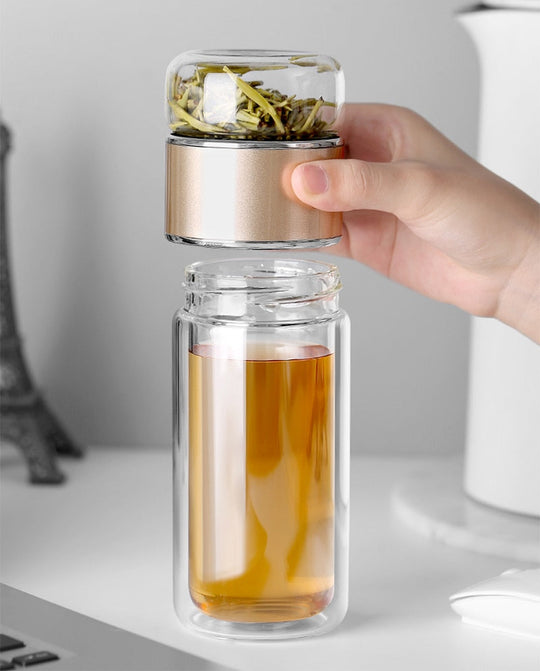 Teeflasche mit Sieb 2-in-1 für Losen Tee und Teebeutel, Doppelwandige Flasche für Optimalen Genuss 2