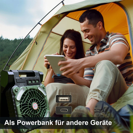 Tragbarer Camping Ventilator Mit LED-Beleuchtung, 4 Geschwindigkeitsstufen, Solarbetrieben, 20800 mAh Powerbank 1