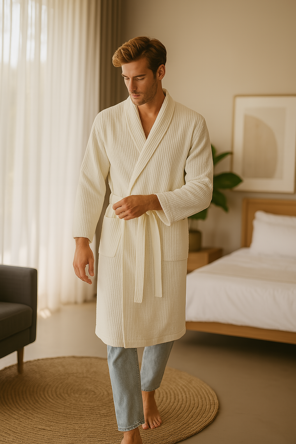 Unisex Bademantel Waffelstruktur Atmungsaktives Material mit Praktischen Taschen 2