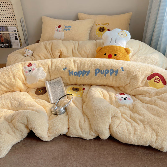 Unisex Bettwäscheset Teddyfleece mit gestickten Cartoon-Motiven 0