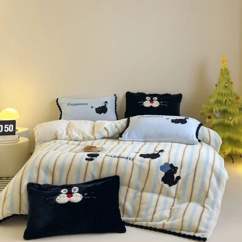 Unisex Kuscheldecken- und Kissenbezug-Set mit Katzenapplikationen 0