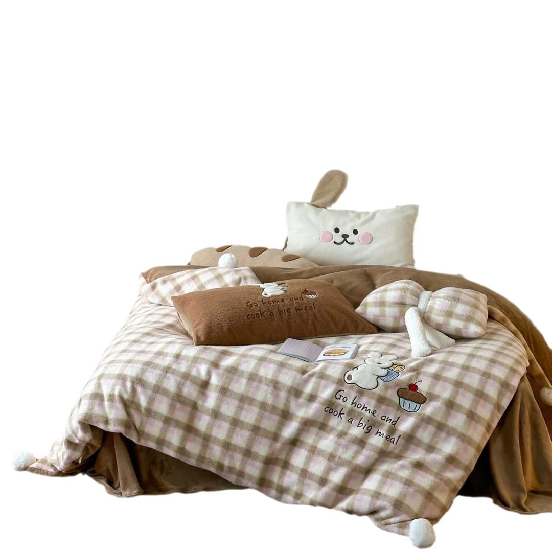 Unisex Wendebettwäsche-Set Kariert mit Teddy-Applikation und Pompon-Ecken 5